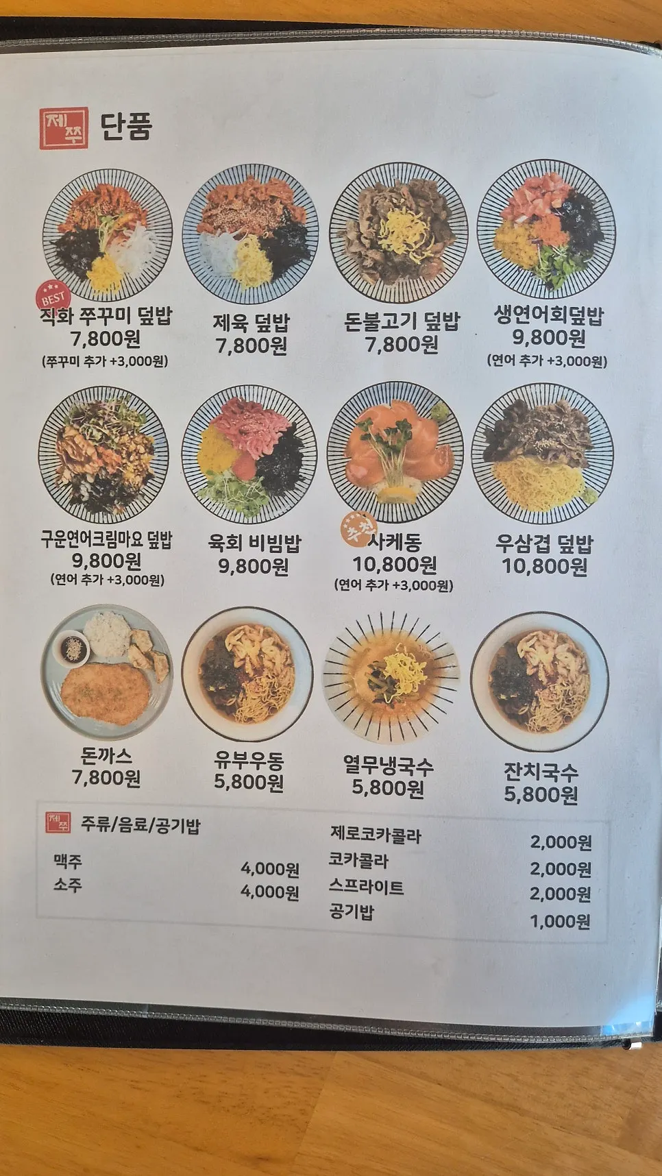 Vertical photo of the Jejju Donghong Branch menu board