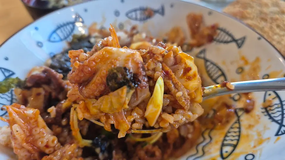 Close-up of the mixed, seasoned grilled octopus rice bowl