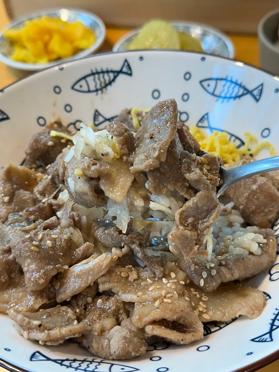 Close-up of a spoonful of pork bulgogi rice bowl