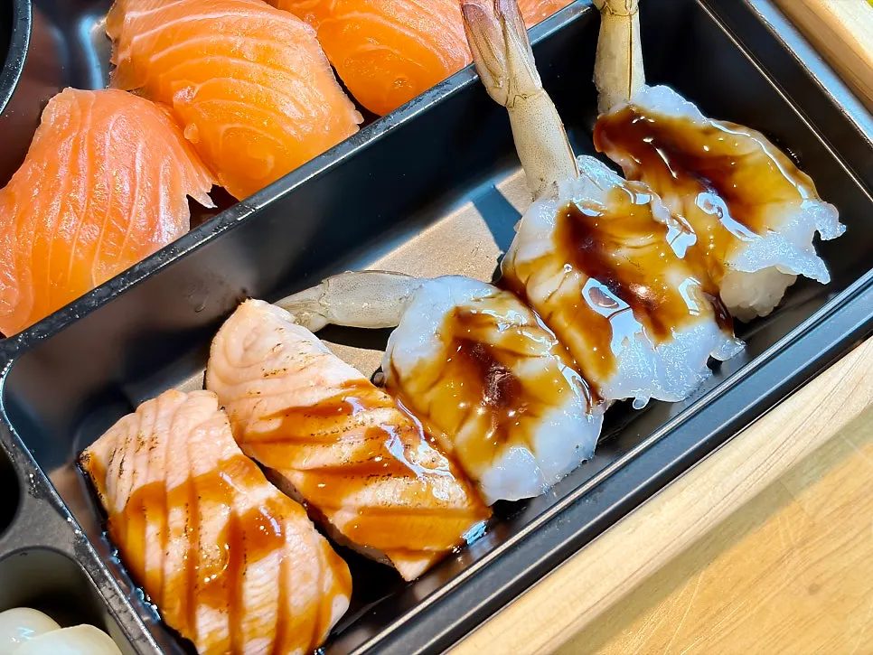 Close-up of raw salmon sushi