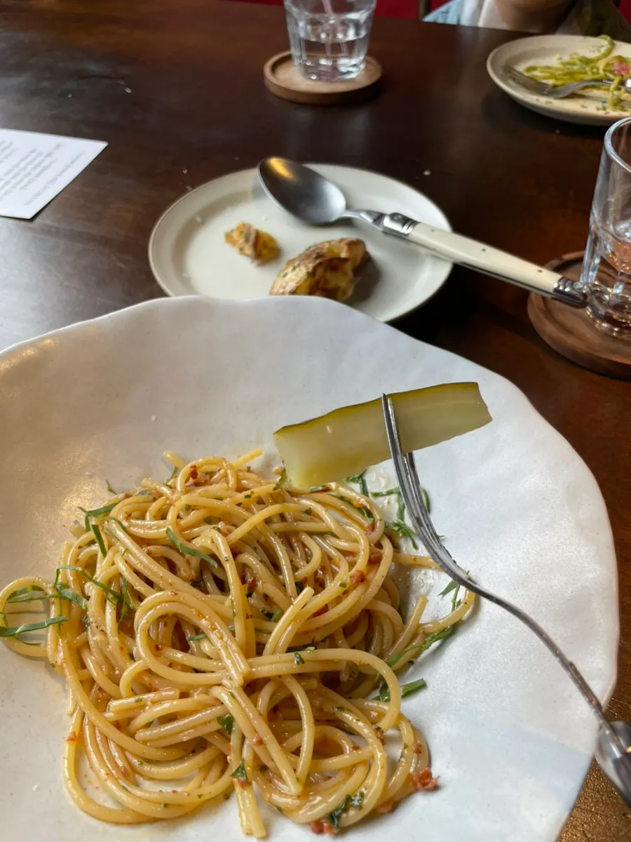 Chorizo oil spaghetti with house-made pickles