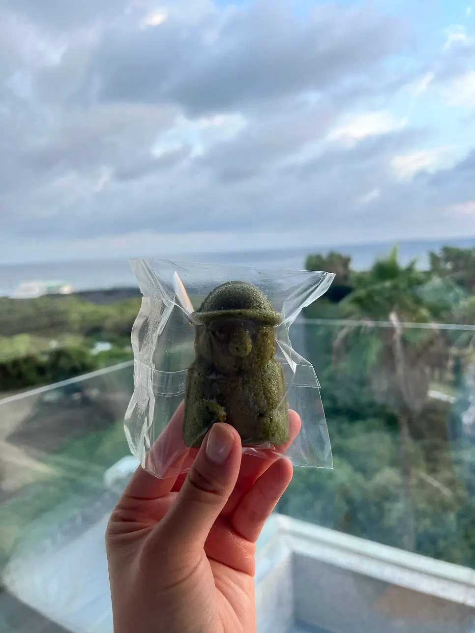 Matcha madeleine eaten with a view of the sky outside the hotel window