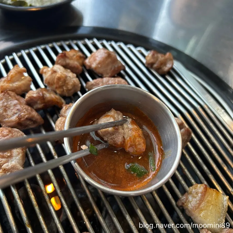 A fully grilled thick piece of black pork