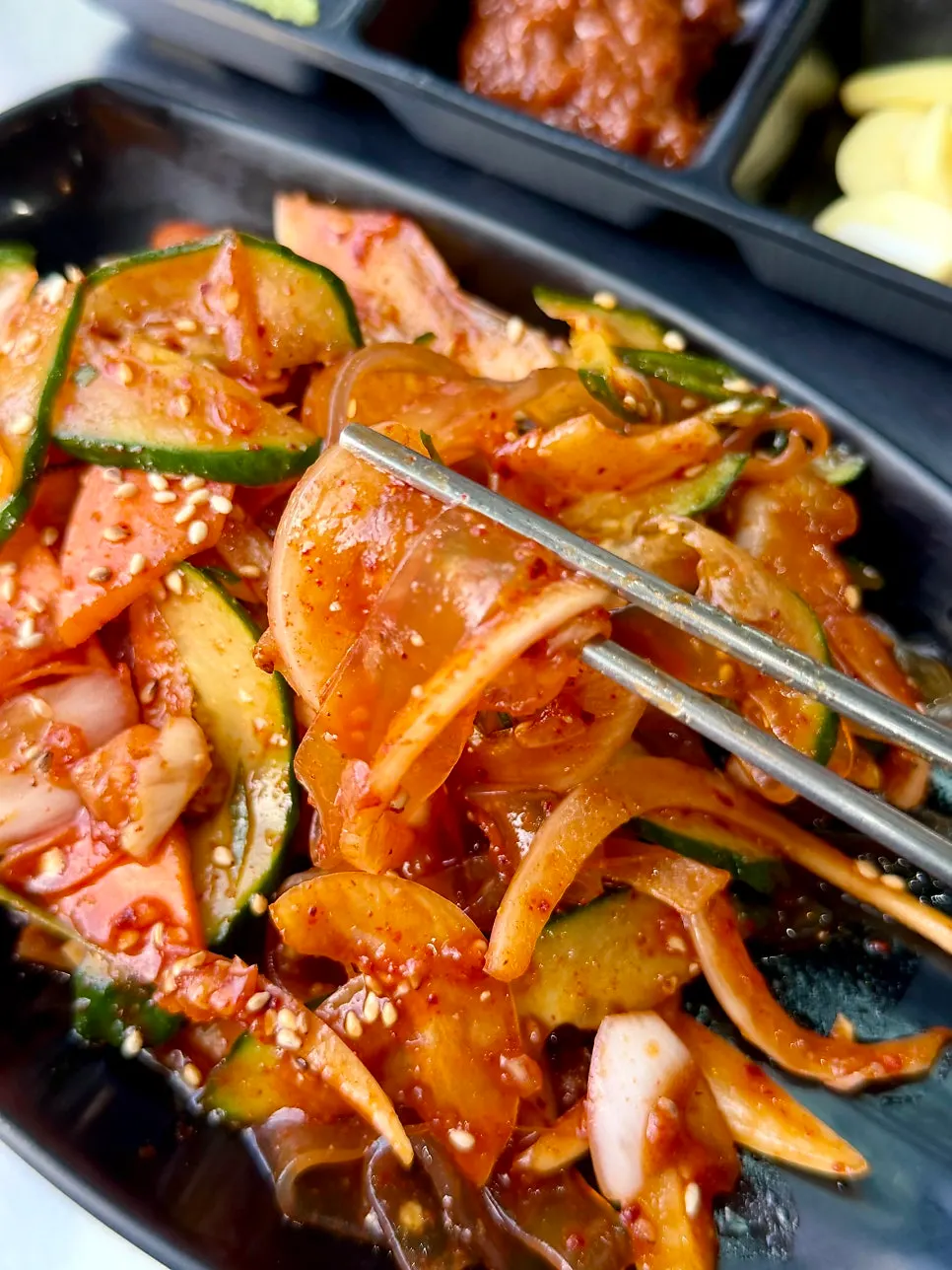 Close-up of the chewy noodles in the cucumber glass noodle salad
