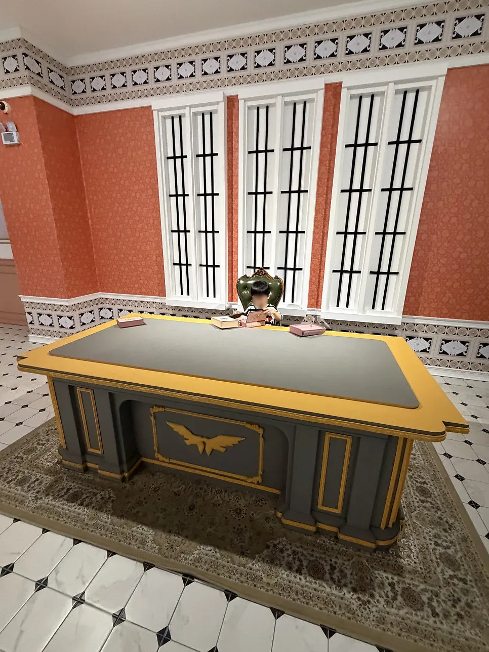 Classroom set recreating a school from a cartoon