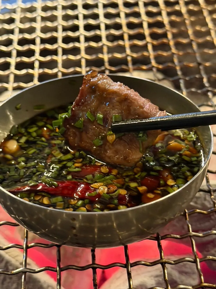 Meat paired with wasabi and whole grain mustard sauce