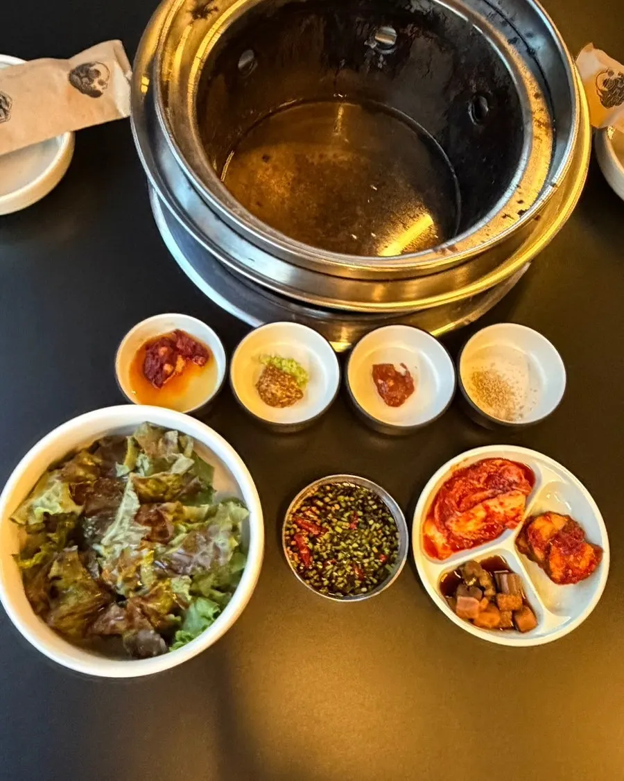 Salt, wasabi, manong chili soy sauce, and Dolgyeok sashimi sauce