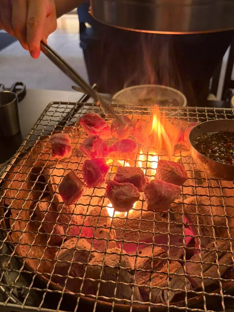 Black pork cubed pork jowl on the charcoal grill