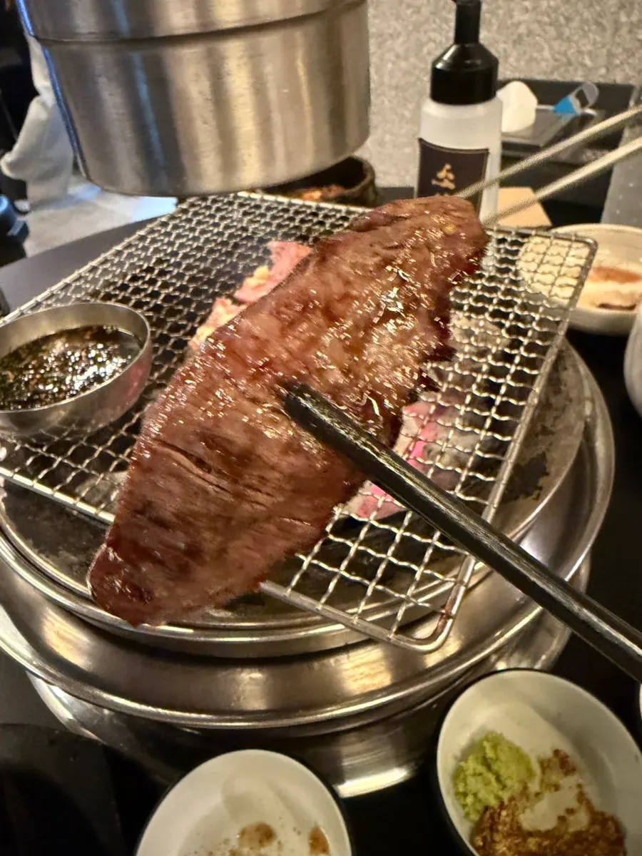 A piece of hanwoo special cut with only salt and wasabi