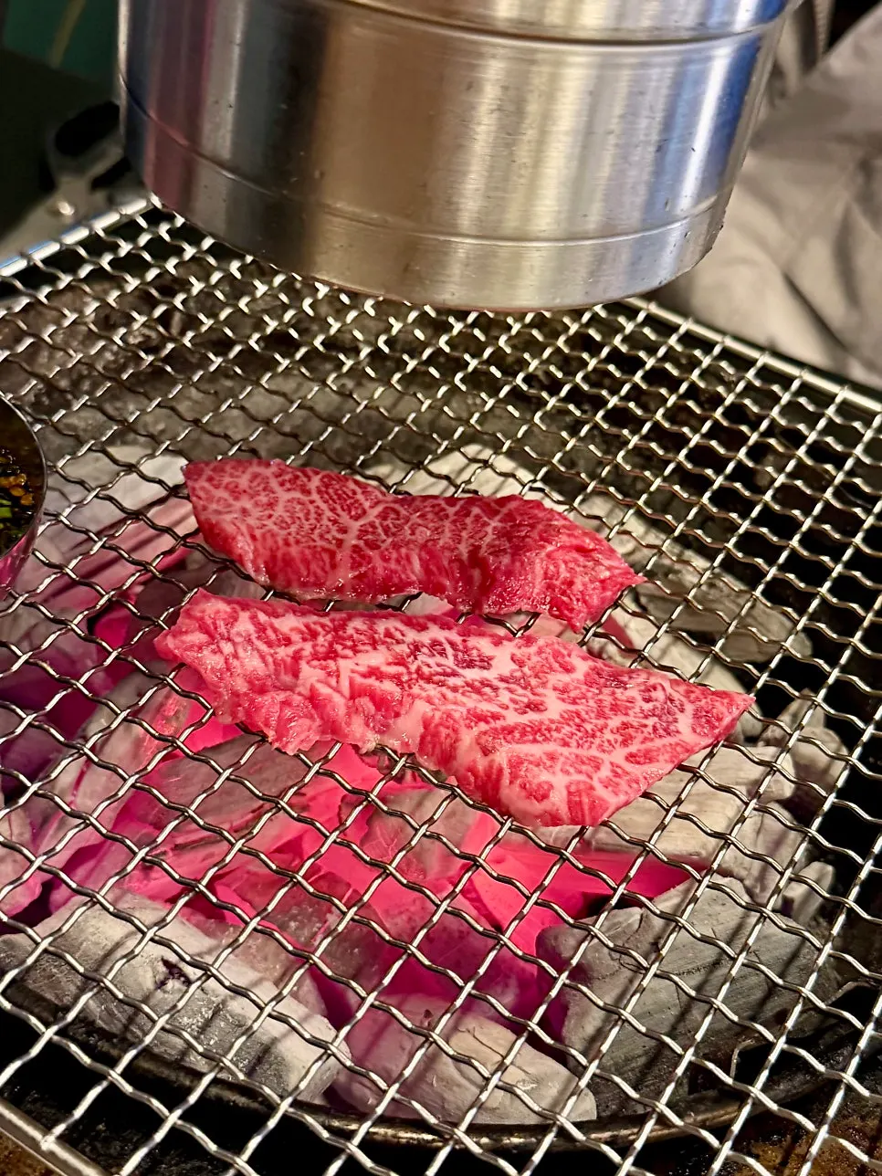 불판에 올린 한우 갈비살