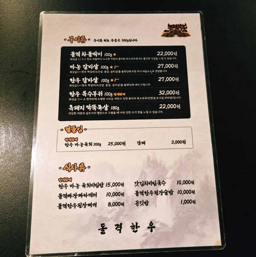 Dolgyeok Hanwoo's menu board of grilled items and meals