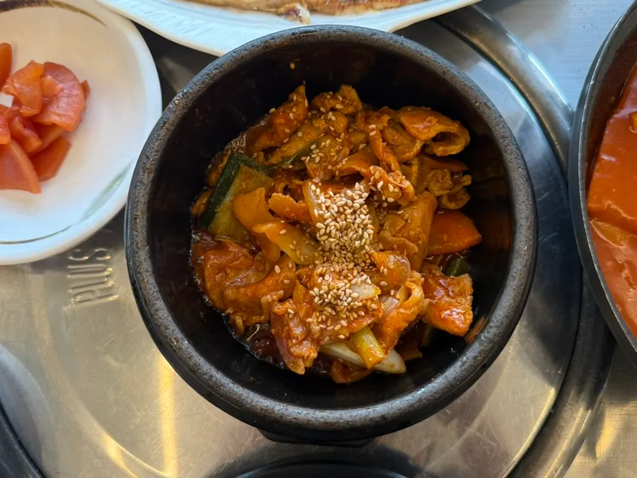 Full view of the table spread at the Korean restaurant near the airport