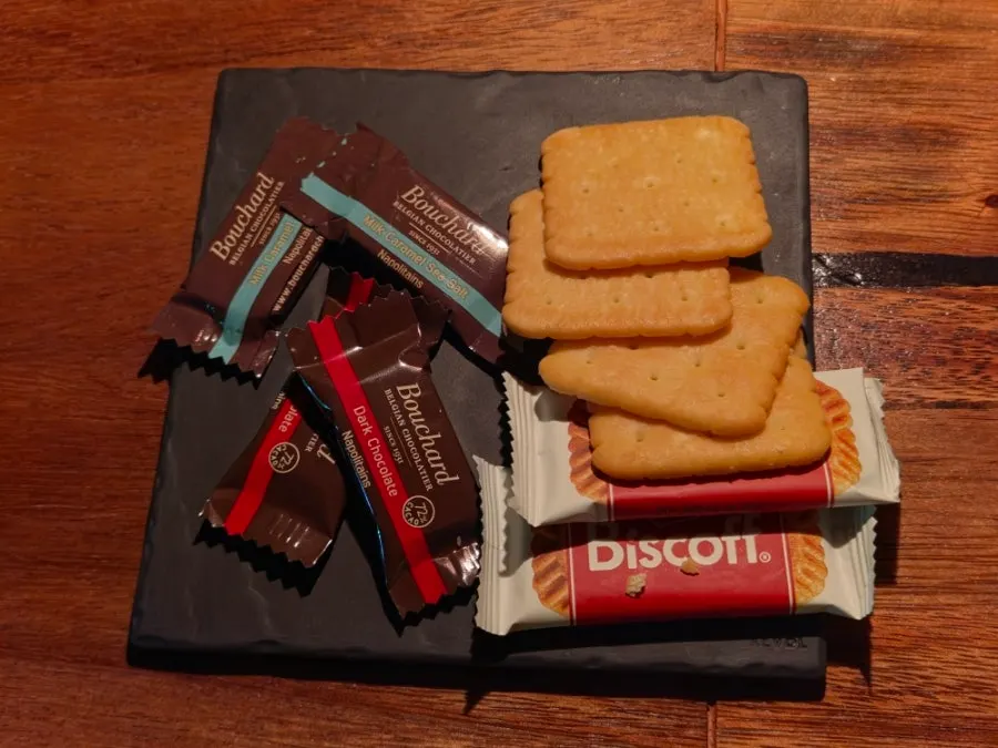 Bouchard chocolate and Ace biscotti as basic snacks