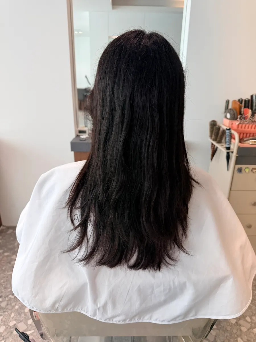 Long hair before the cut and straightening treatment