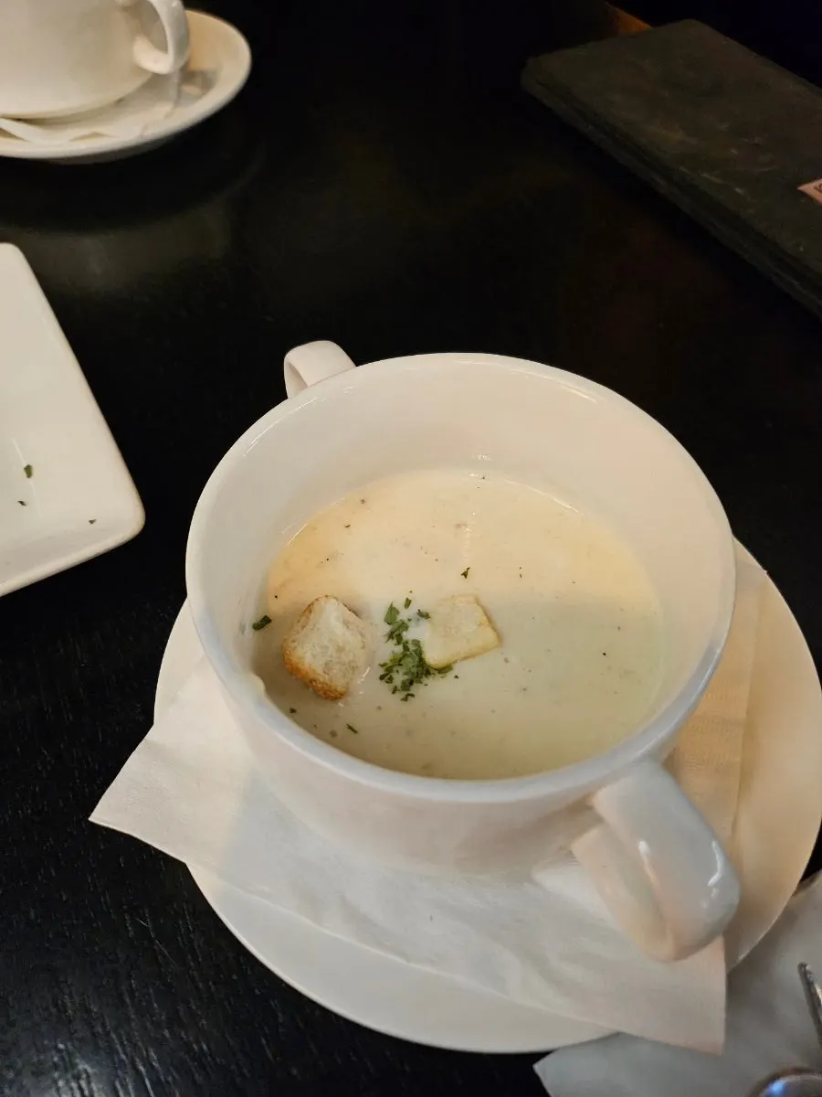 Potato soup served as the soup of the day at Kari