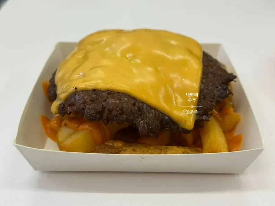 The fries topped with patty, served first