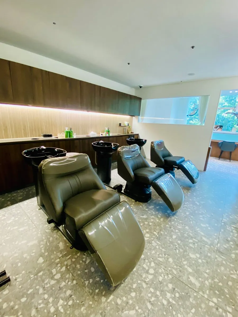 Hair salon interior with a green view outside the window