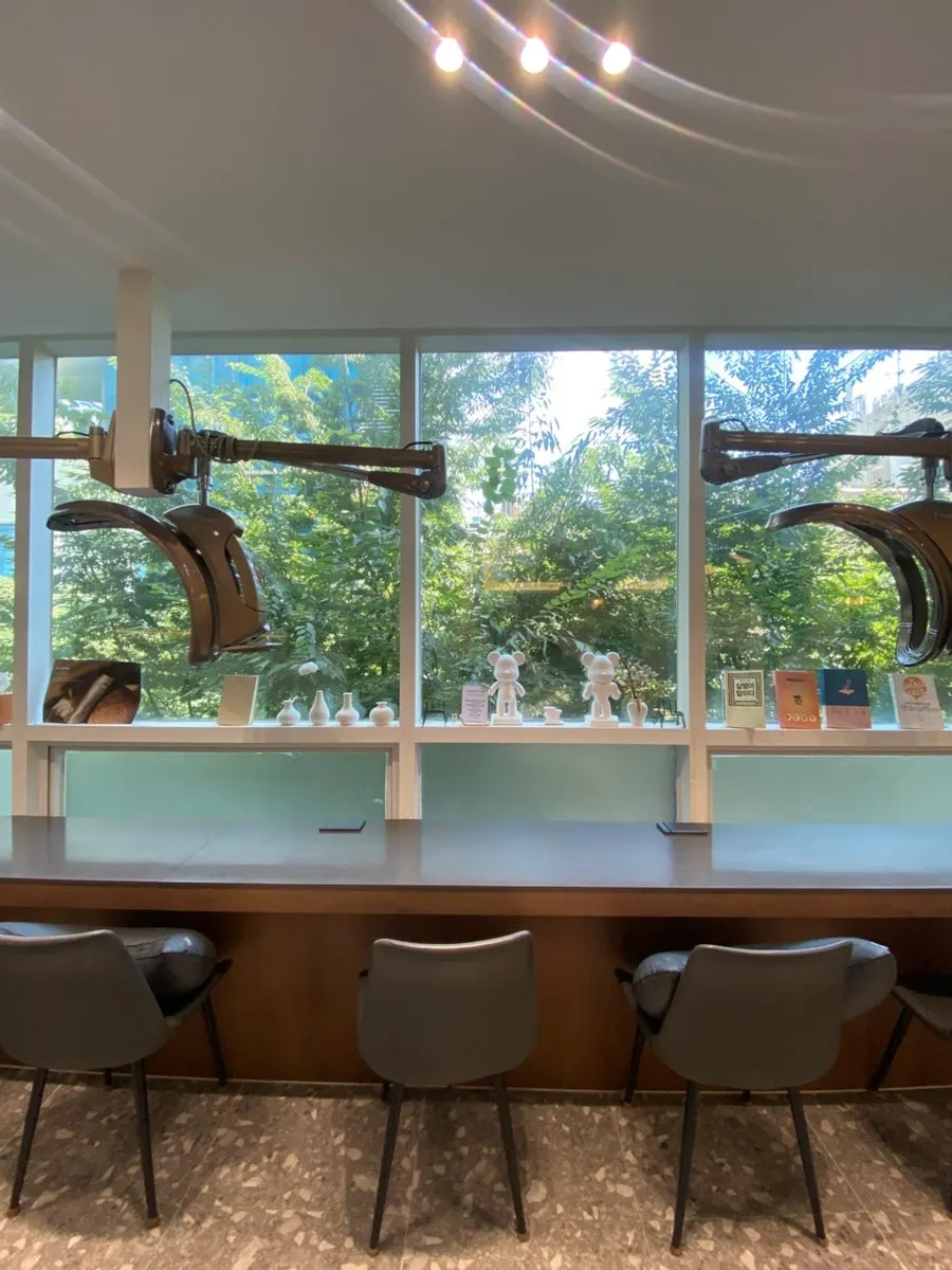Hair salon space overlooking a green view