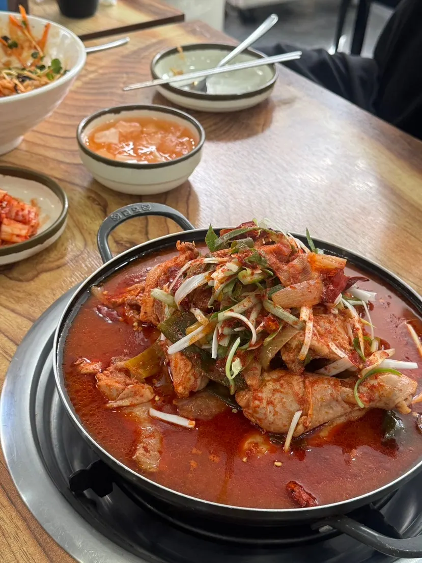 A spoonful of the spicy dakbokkeumtang broth