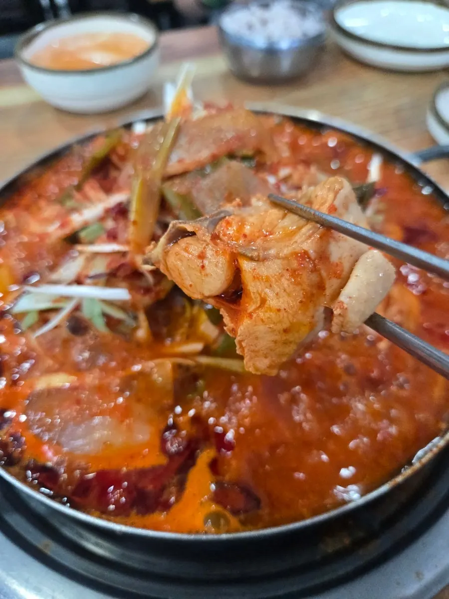 Close-up of sauce-coated dakbokkeumtang