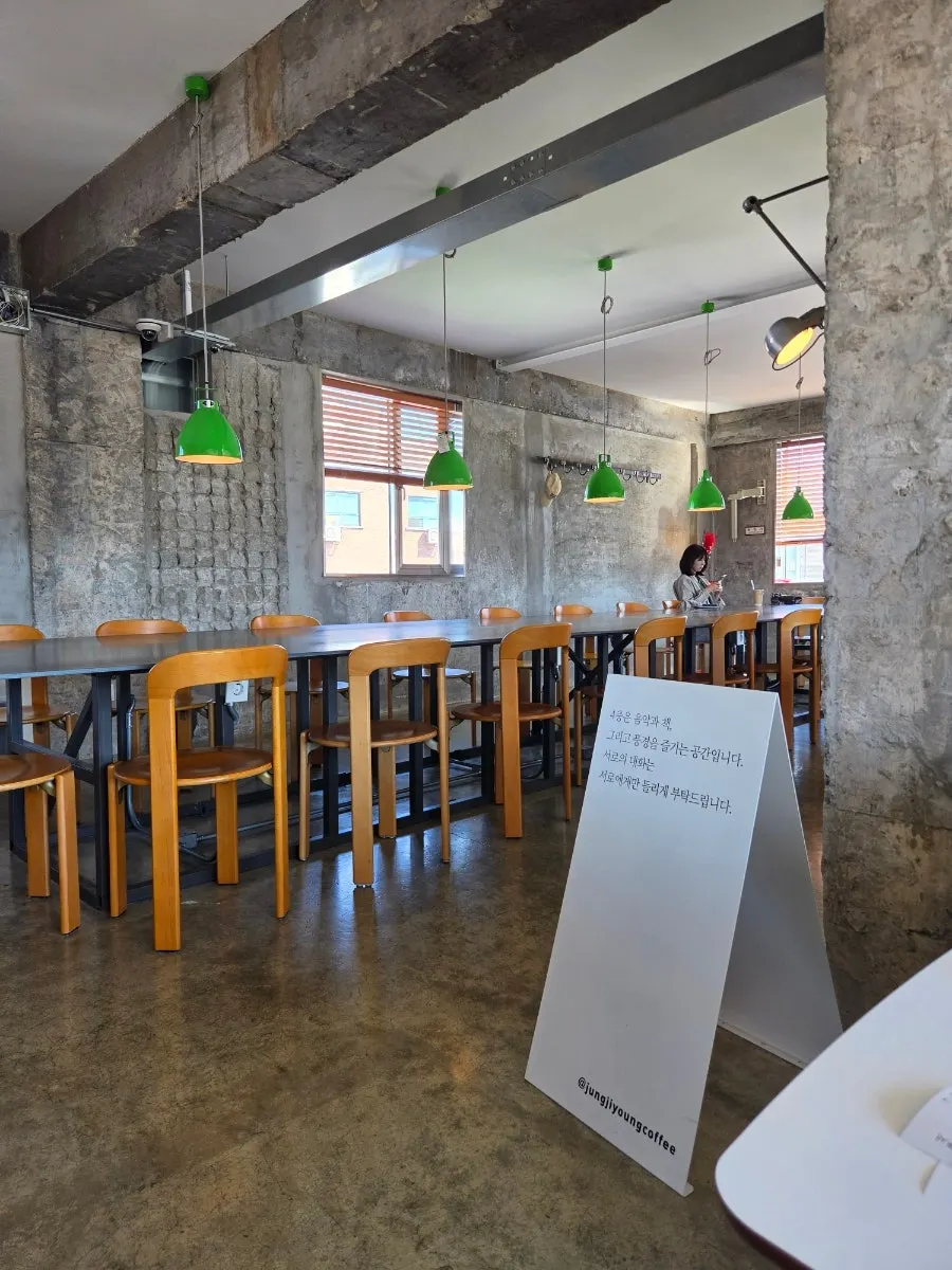 Upstairs seating with concrete walls and wood-tone furniture