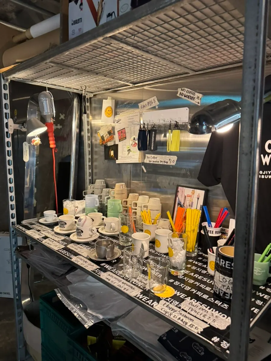 Café goods on display in the basement