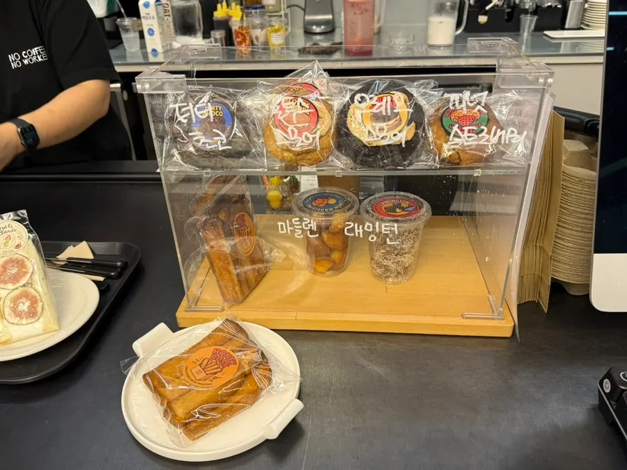 Close-up view of the dessert display case
