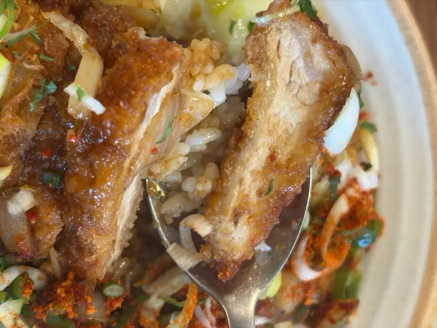 Close-up of donkatsu don with sauce mixed in