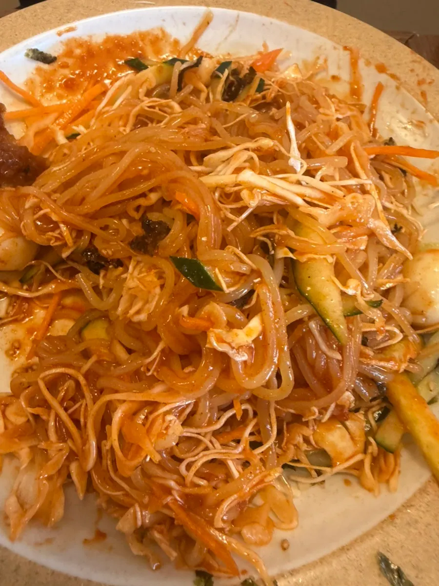 Jjolmyeon mixed with sweet-and-tangy sauce