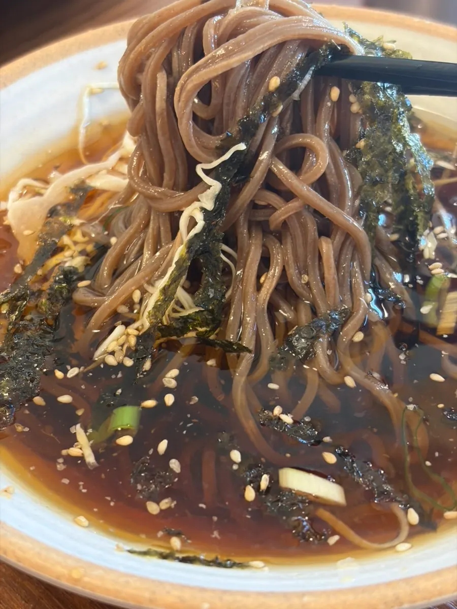 Close-up of jjolmyeon and donkatsu combo