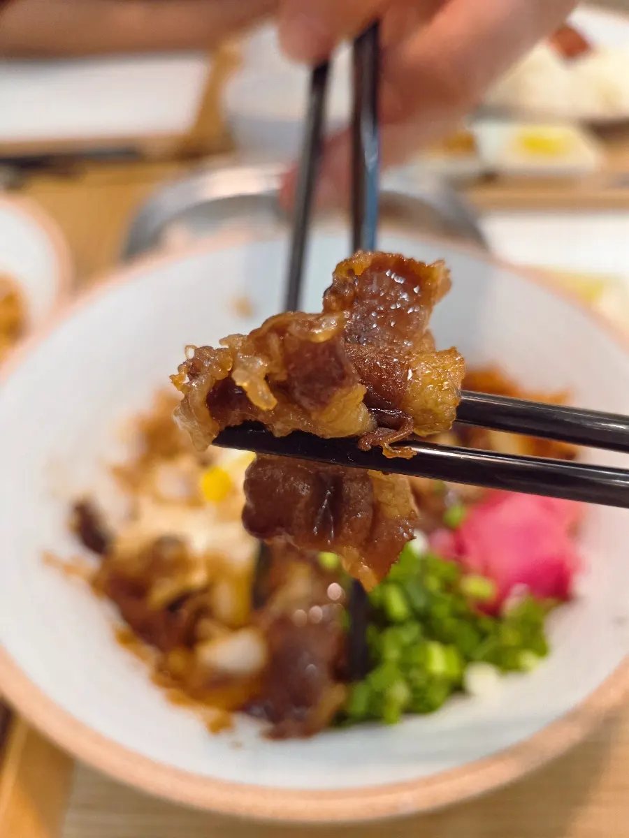 숟가락으로 뜬 규동 고기와 밥
