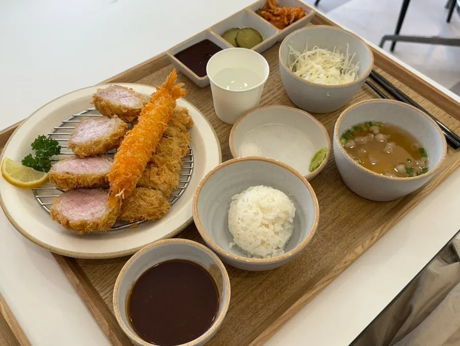 Jeongseong Mixed Katsu Set topped with fried shrimp