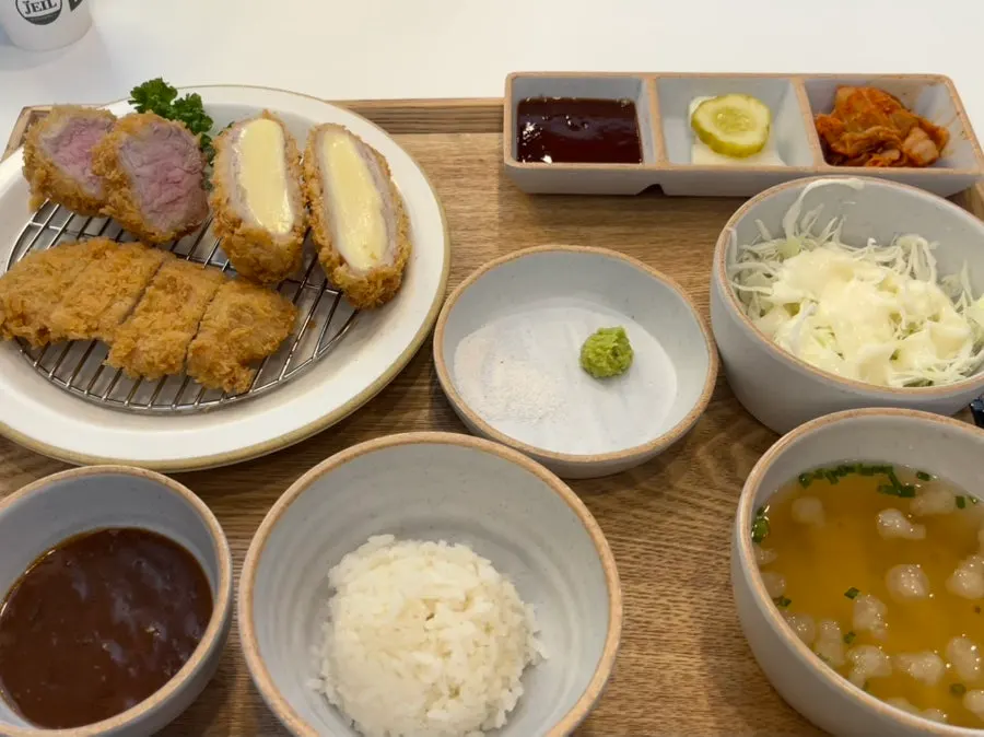 Triple mixed katsu set laid out on the table