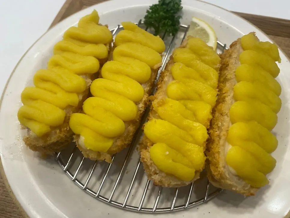 Close-up of crispy fried gosuma cheese katsu
