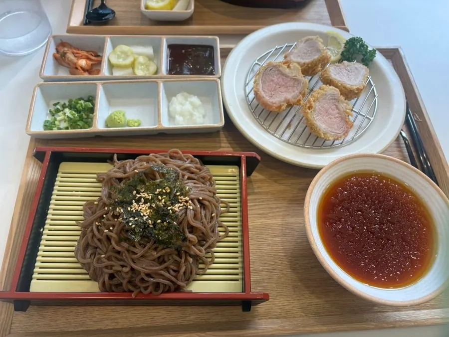 Hire katsu set with side dishes and soba garnishes