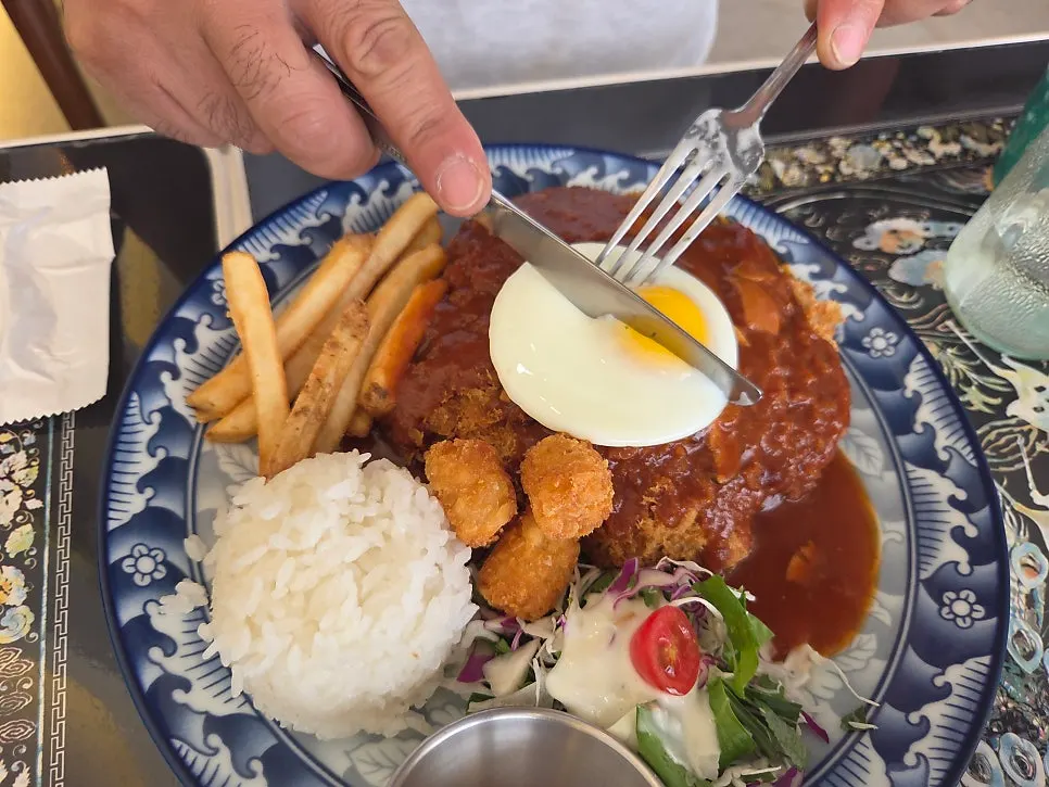 Cheese pork cutlet plate served with rice and salad