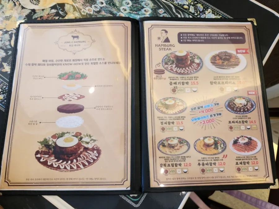 Menu board listing various hamburg steak dishes