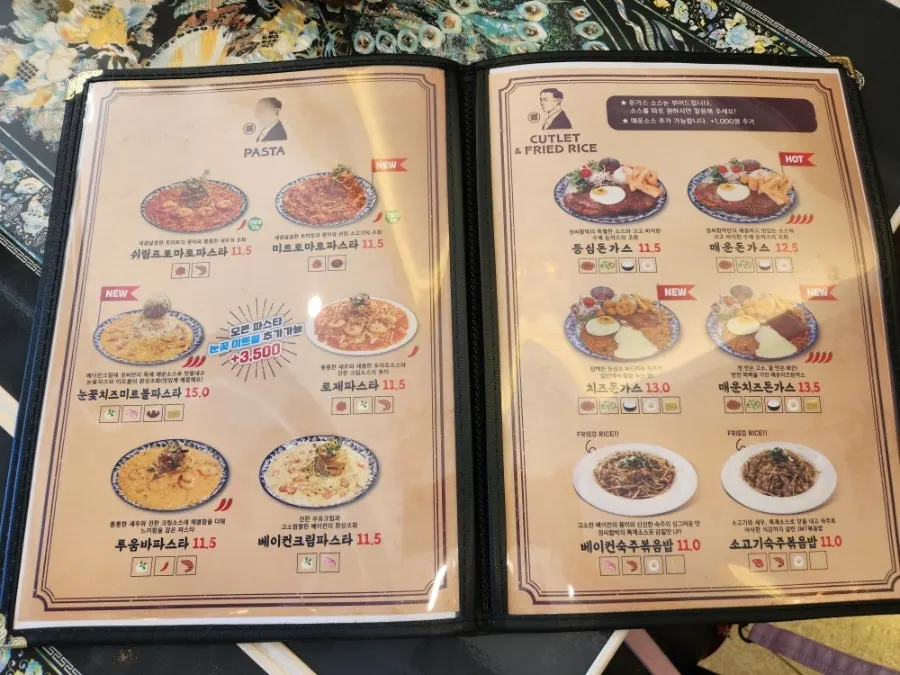 Menu board with pasta, pork cutlet, and fried rice