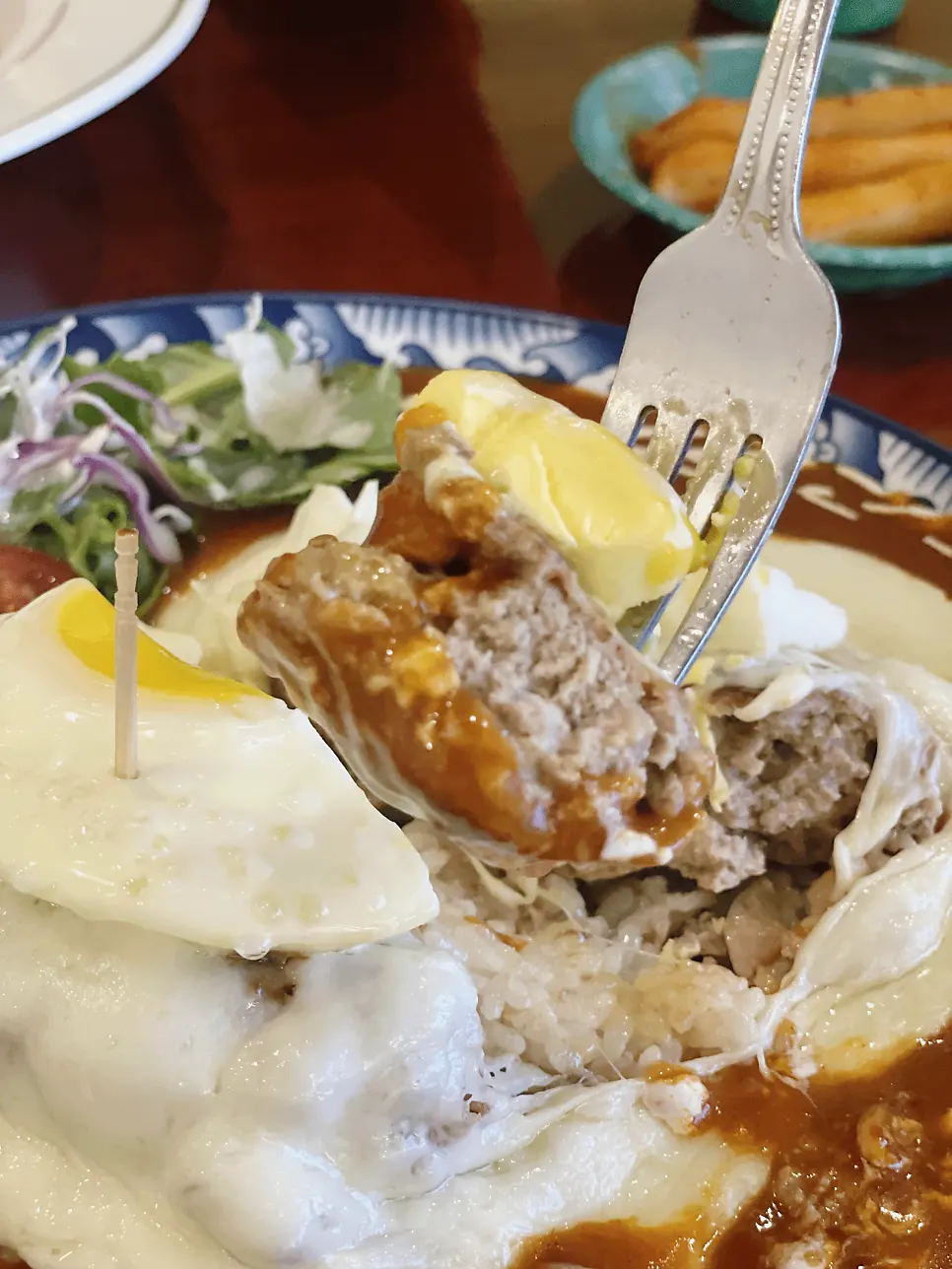 Cross-section of the handmade hamburg steak cut in half