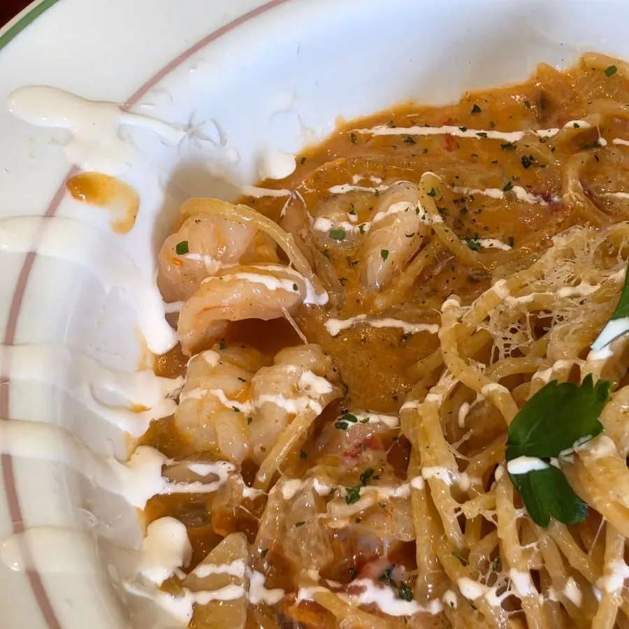 Rosé pasta loaded with shrimp