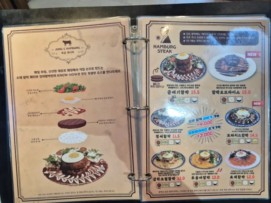 Hamburg steak and pasta menu information at Jeongssi Hambak Baegot Branch