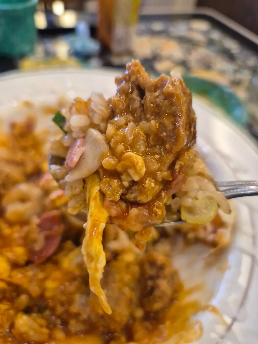 A spoonful of hamburg steak omurice