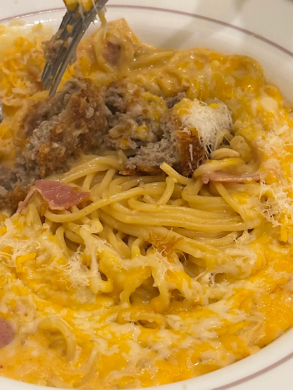 Snow cheese meatball pasta piled high with cheese