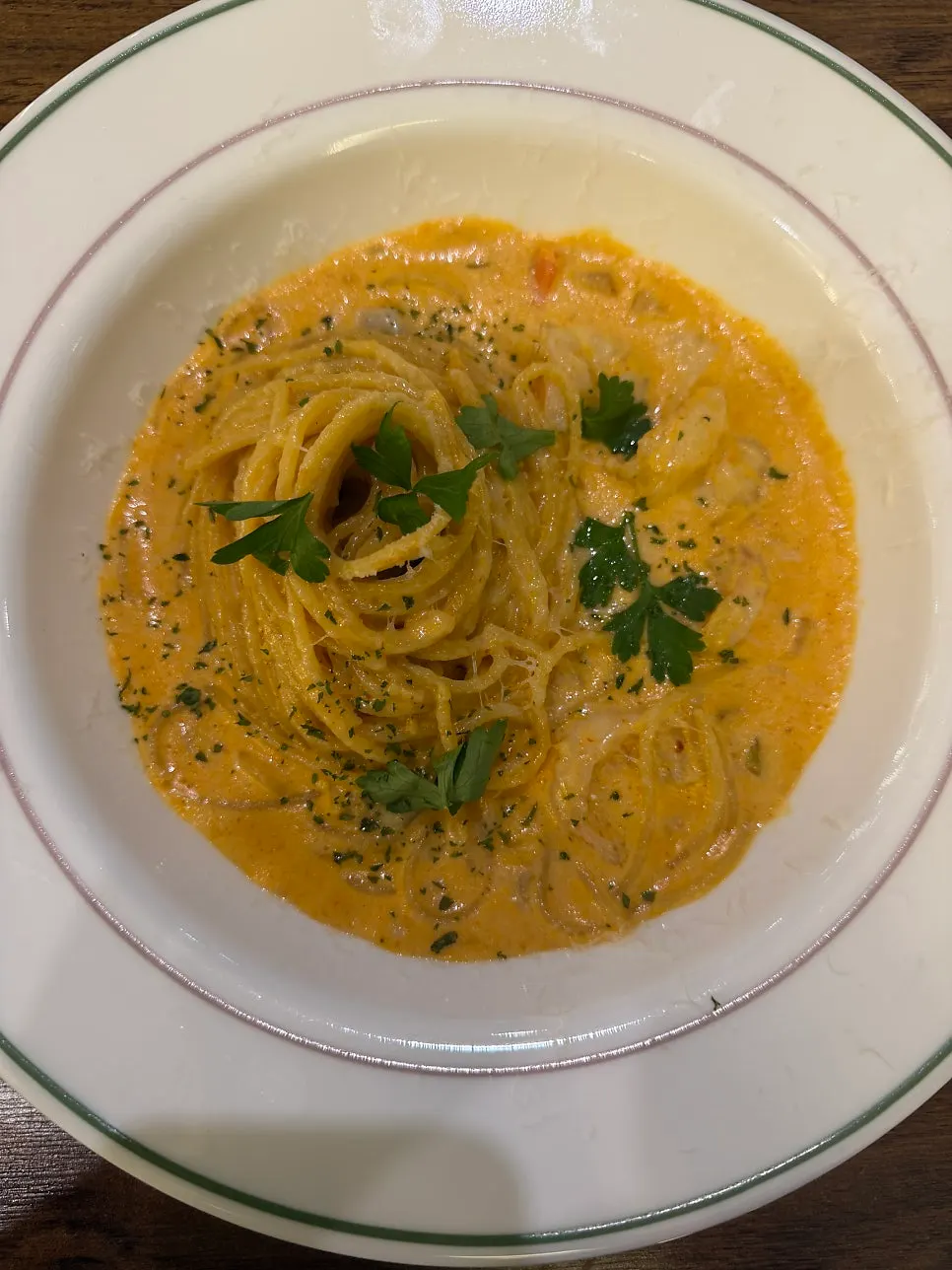 Tuumba pasta topped with plump shrimp