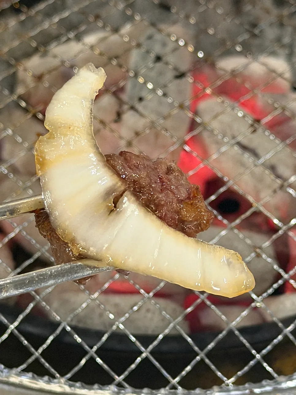 Beef galbi eaten with a piece of onion on top