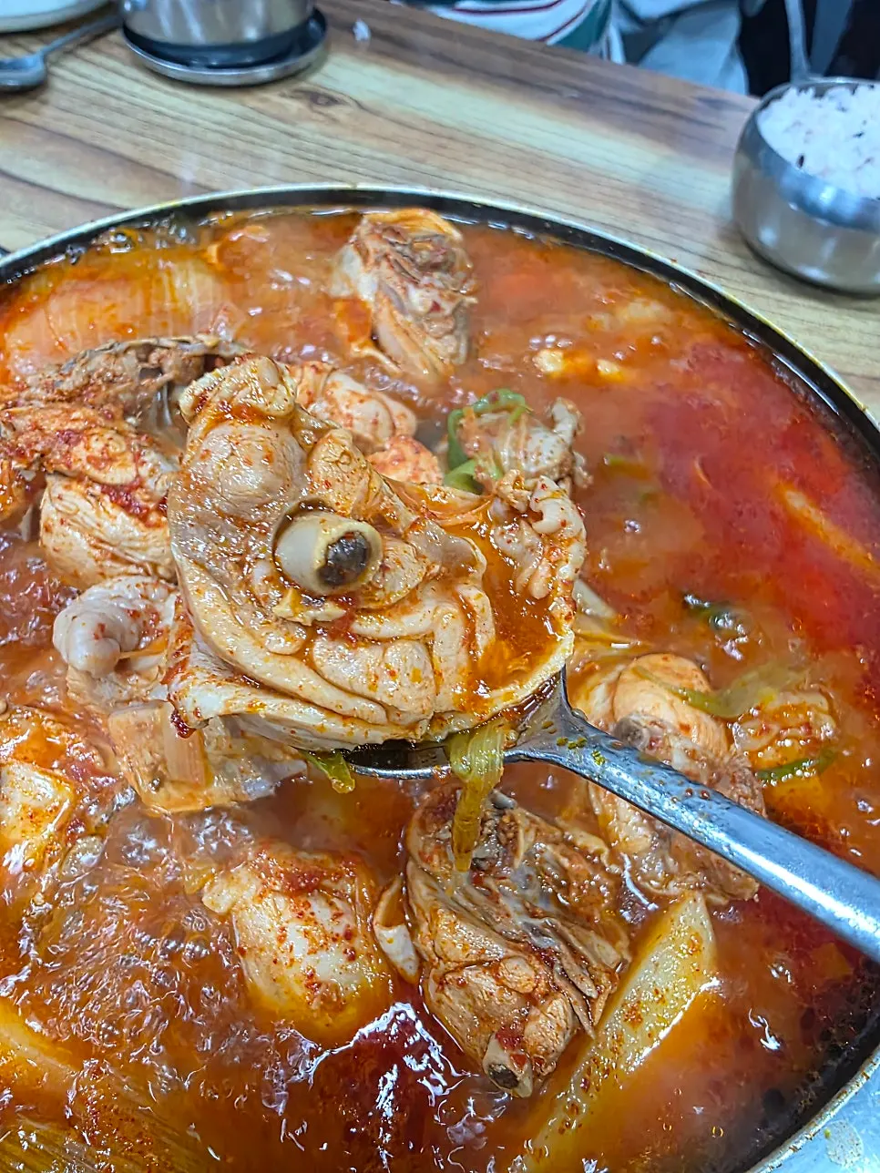 Large piece of chicken lifted from the pot