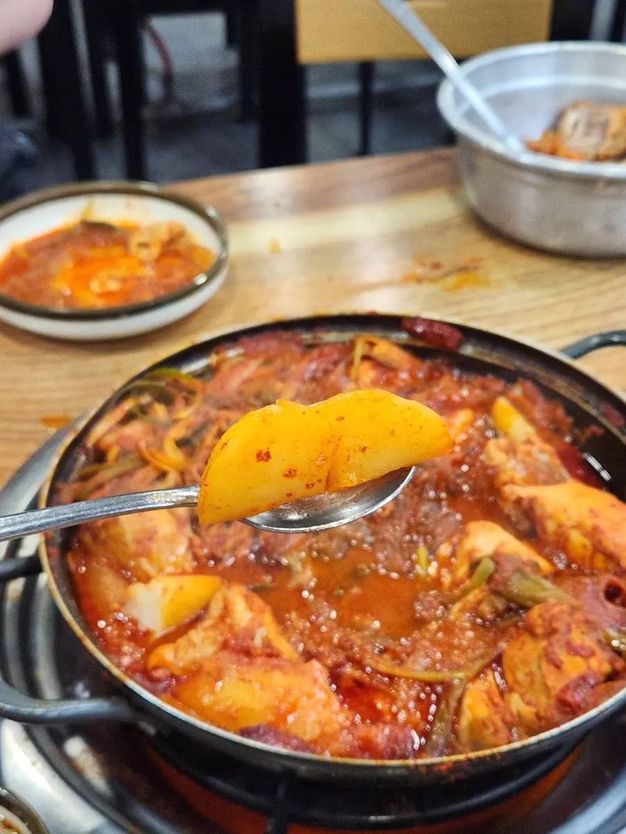 양념을 머금은 감자와 닭고기