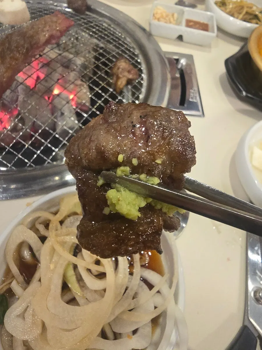 Beef galbi platter enjoyed with banchan