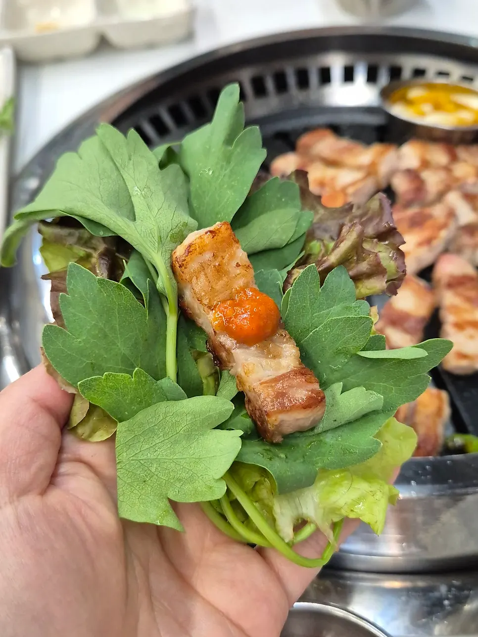 소스에 찍은 삼겹살 한 점
