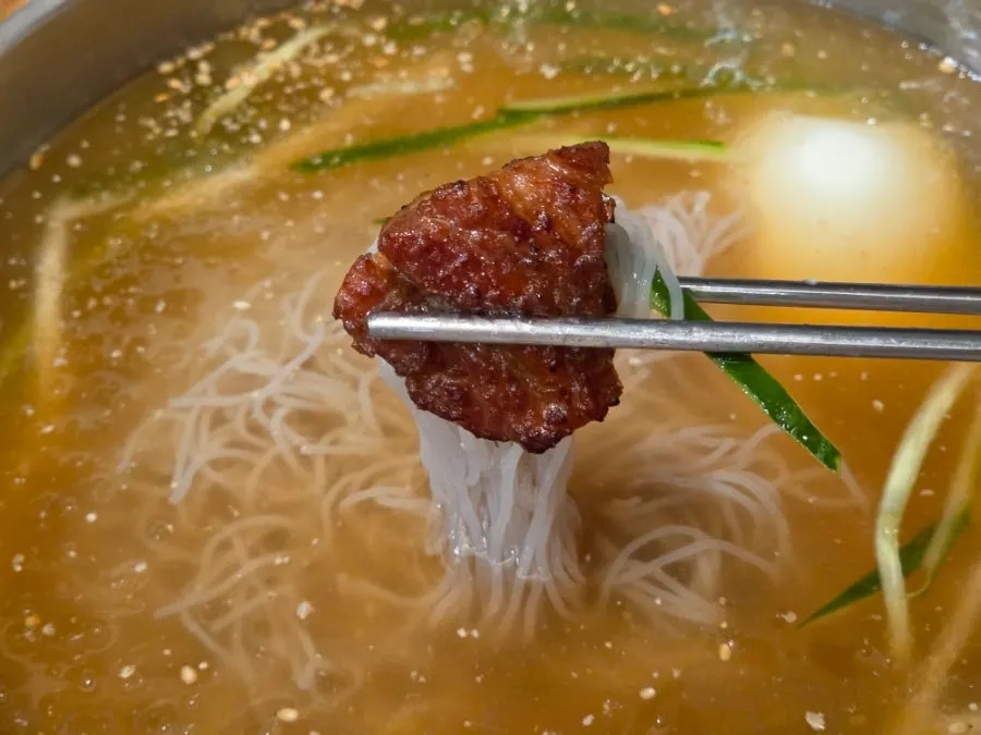Bowl of mul naengmyeon with noodles lifted up